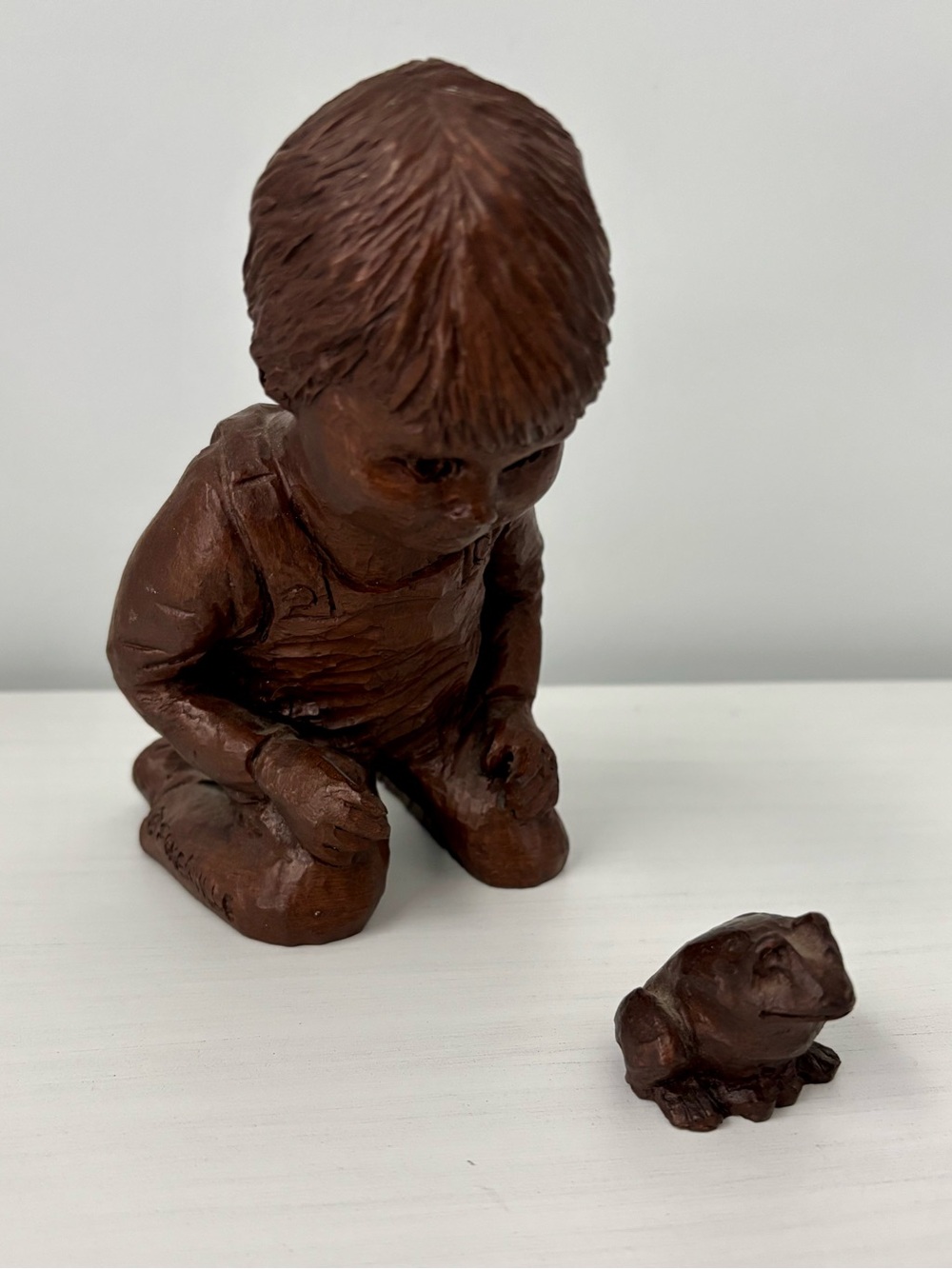 Vintage Red Mill Mfg Boy 6” & Frog 3” Hand Crafted Crushed Pecan Resin Figurine